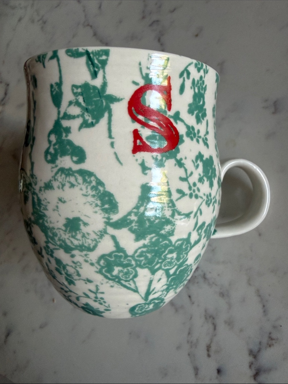 Anthropologie Green Floral Ceramic Mug with Red Monogram S